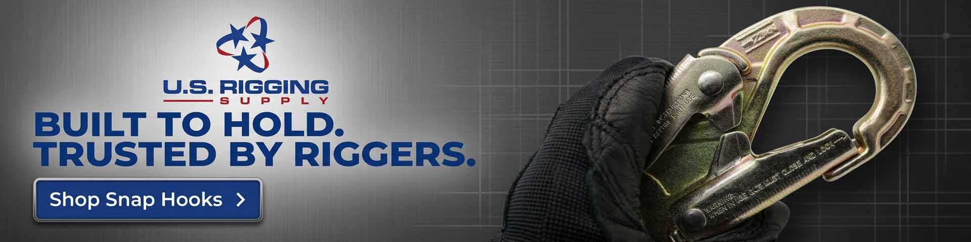 U.S. Rigging Supply advertisement with a snap hook and text on a dark background