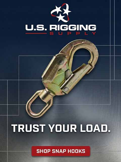 U.S. Rigging Supply advertisement with a snap hook on a dark background