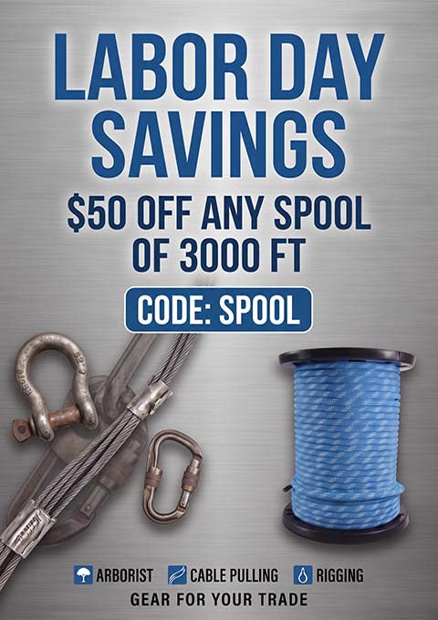 Promotional graphic for Labor Day savings offering $50 off any spool of 3000 ft of cable or rigging gear. The design features a brushed metal gray background, bold blue text, and illustrations of a blue spool of rope and metal rigging components.