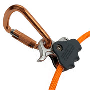 Climbing Swivel eye carabiner with orange rope on a white background
