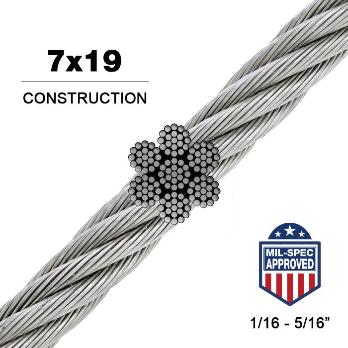7x19 304 Stainless Steel Wire Rope - MIL-DTL 83420 Aircraft Cable (50 ft)