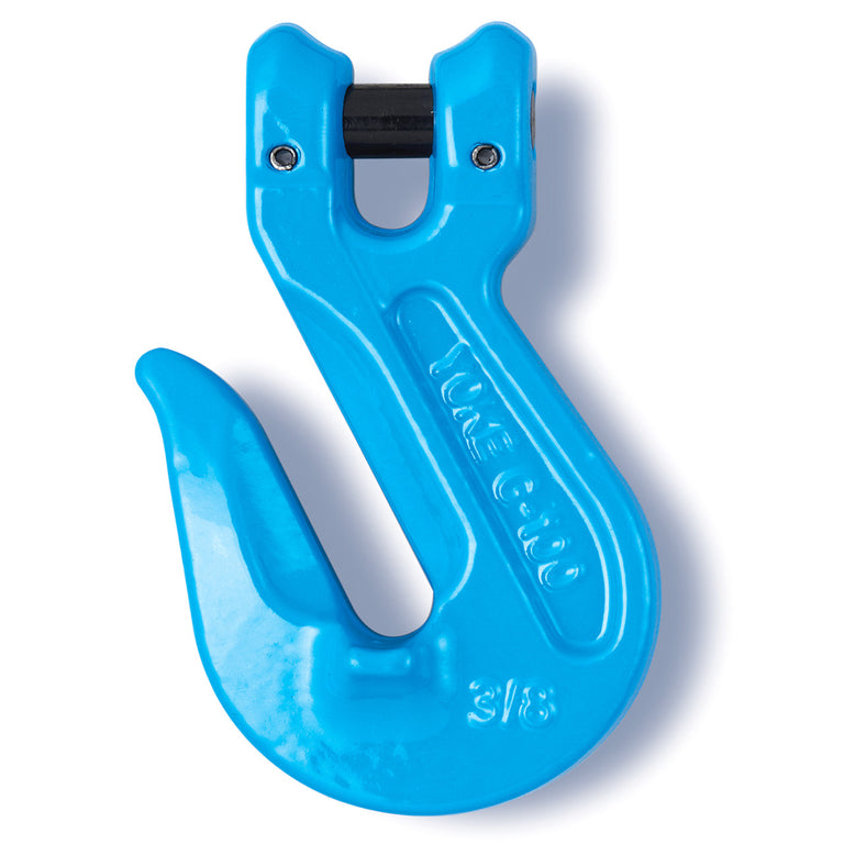 YOKE 10 ton Grade 100 clevis grab hook with narrow throat opening and supporting wings, heavy-duty tempered alloy steel, compatible with 5/8 inch chain for professional rigging and lifting applications.