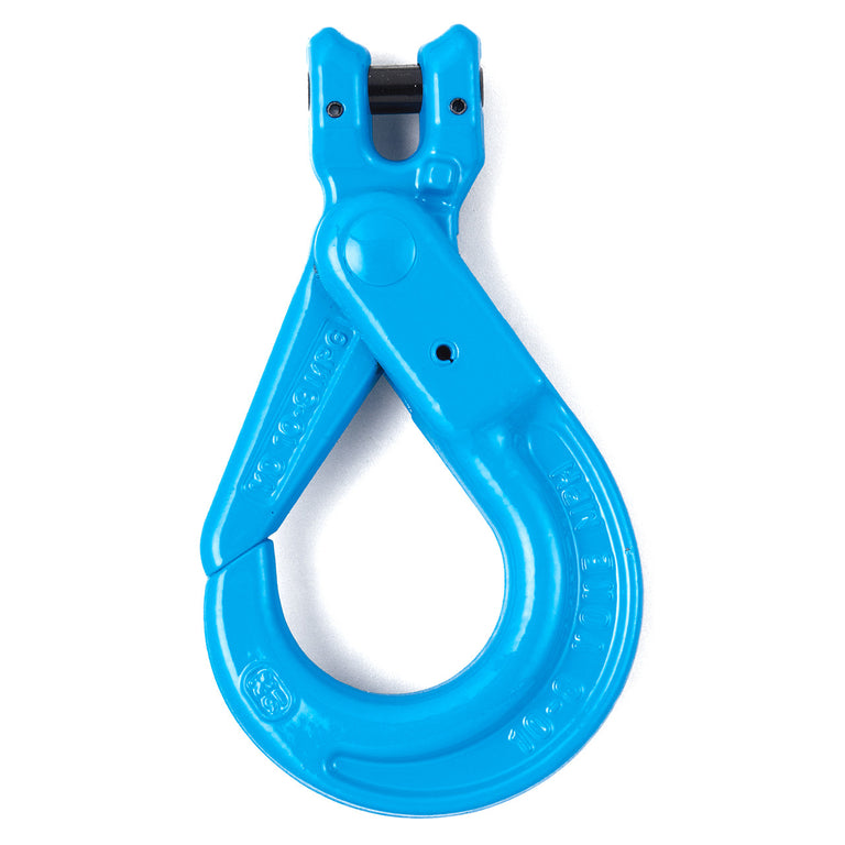 YOKE 10 ton Grade 100 blue clevis self-locking hook with automatic safety latch, heavy-duty alloy steel rigging hook for 5/8 inch chain, proof tested for industrial lifting and secure chain connections.