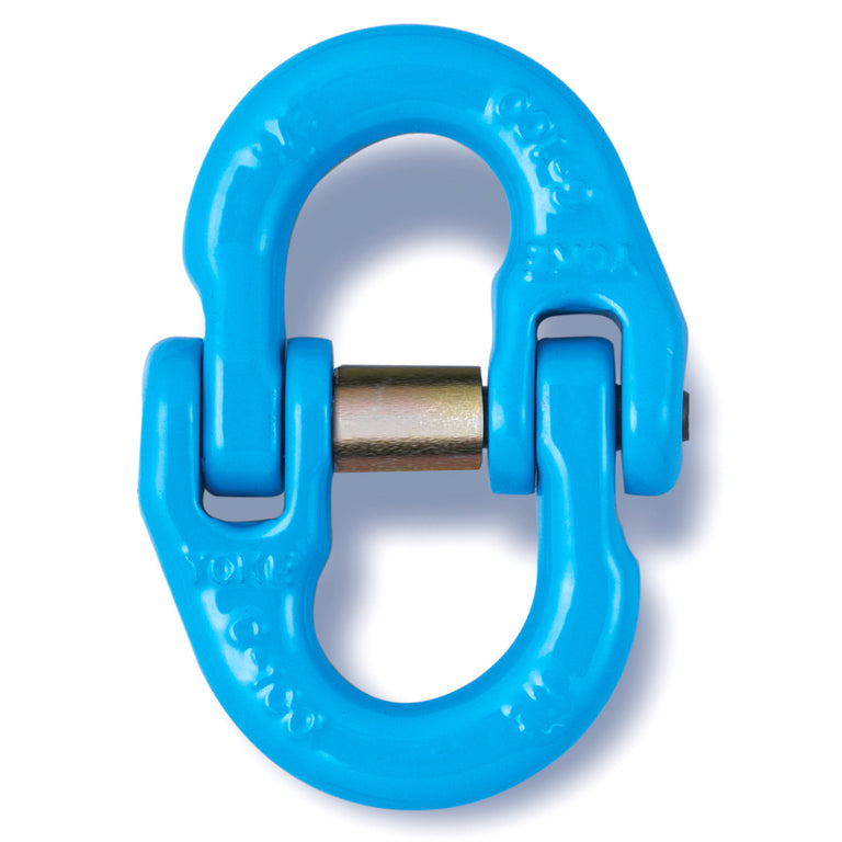 YOKE 10 ton Grade 100 connecting link with mechanical locking center pin and wide body design for 5/8 inch chain, heavy-duty alloy steel connector for industrial rigging and lifting applications.