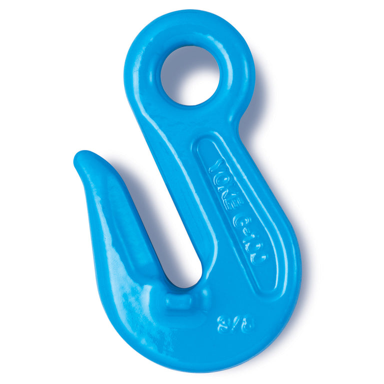 YOKE 10 ton Grade 100 eye grab hook with supporting wings, blue tempered alloy steel chain hook for 5/8 inch Grade 100 chain, heavy-duty industrial rigging and lifting applications.
