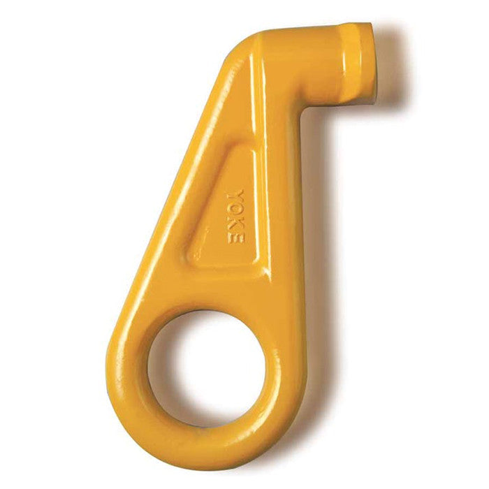 YOKE 12.5 ton Grade 80 right-hand eye container hook, yellow forged steel twist lock lifting hook for shipping containers, designed for secure connection to container twist lock pockets.
