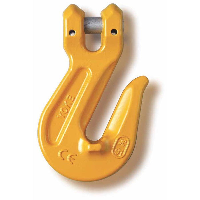 YOKE 3.15 ton Grade 80 clevis grab hook with supporting wings, yellow tempered alloy steel heavy-duty chain hook for 3/8 inch chain, proof tested for industrial lifting and rigging applications.