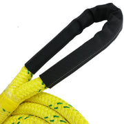 Heavy-duty yellow double-braided arborist rope with protective black chafe guard eye, designed for tree rigging, limb lowering, and professional arborist applications.
