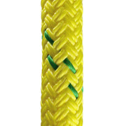 Close-up of durable yellow double-braided arborist rope with green tracer, designed for tree rigging, climbing, and professional arborist applications.