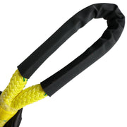 Yellow double-braided arborist rope with protective black chafe guard eye, designed for tree rigging, limb lowering, and professional arborist applications.