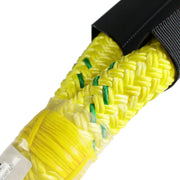 Close up shot of Heavy-duty yellow double-braided arborist rope with protective black chafe guard eye, designed for tree rigging, limb lowering, and professional arborist applications.
