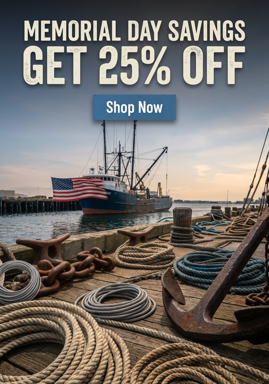 Memorial Day savings advertisement with a ship and ropes on a dock.